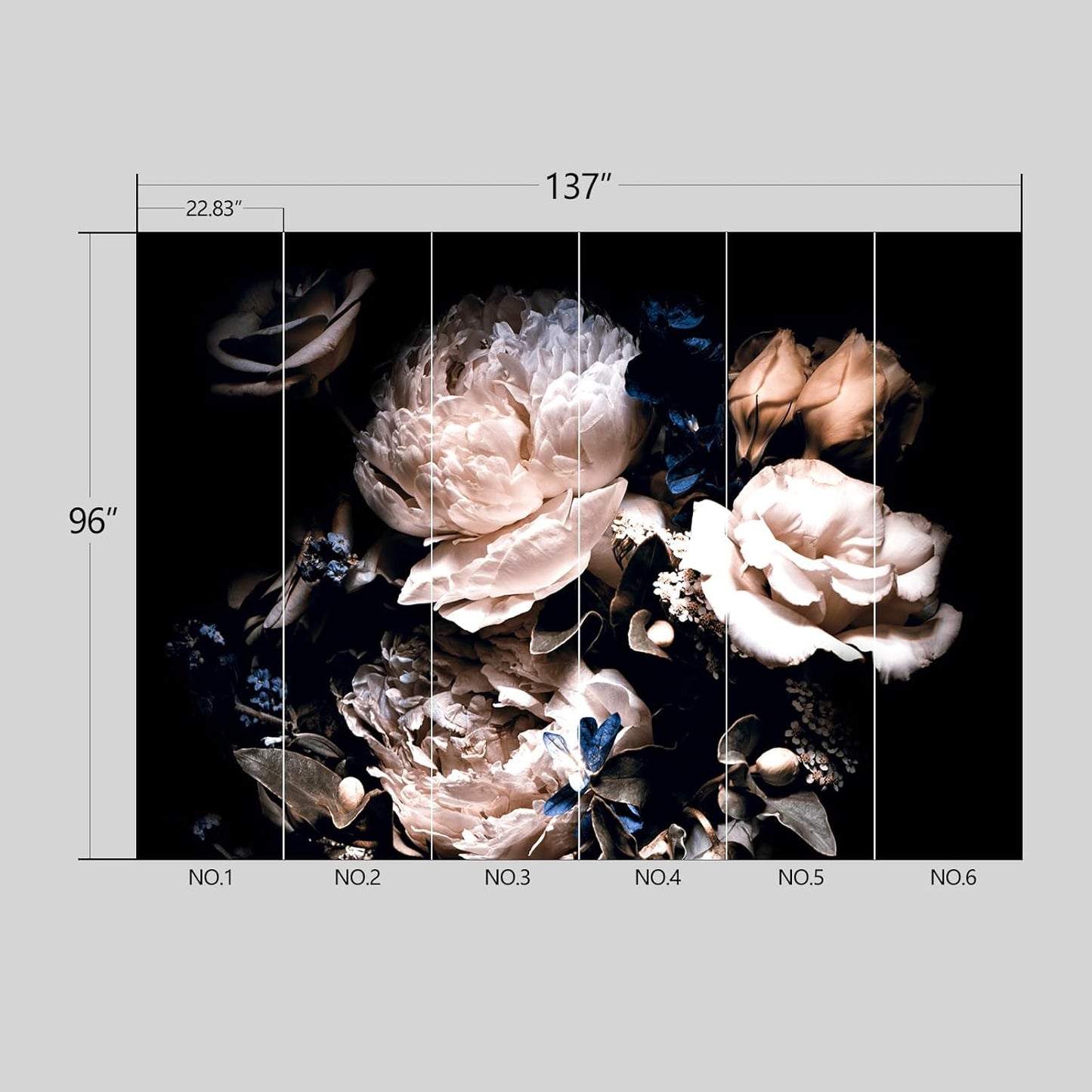 Black Peony Floral Wallpaper Peel and Stick Wall Mural for Bedroom Living Room - 96"x137"