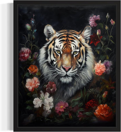 Tiger and Flower Poster Art Print, Halloween Scary Vintage Wall Art Academia Spooky Painting Decoration for Horror Prints, Gothic Posters Bedroom Decor 89 (Tiger and Flower, 11 x 14 inches, Black Frame)