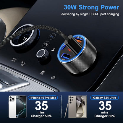 Car Charger for iPhone 16 15 Pro Max, Besgoods 4-Port Cigarette Lighter Adapter USB C & USB A Car Phone Charger Fast Charging Voltmeter for Galaxy S24 S23 A15 A54 Android, 6ft USB C to C Cable