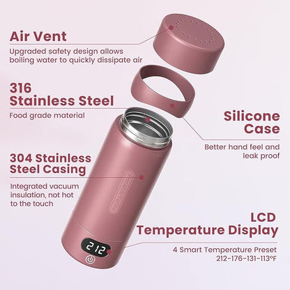 Travel Electric Kettle Portable Mini Kettle,316 Stainless Steel 16.91Oz,Small Hot Water Boiler with 4 Temperature Settings,Fast Boiling Water with Auto Shut-Off and Boil Dry Protection(Cranberry)