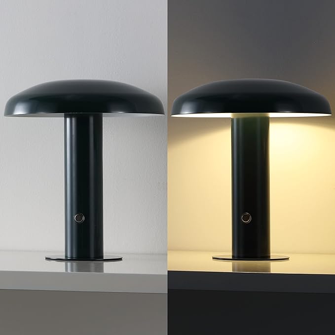 JONATHAN Y 11" Forest Green Rechargeable LED Mushroom Table Lamp, Cordless Portable Dimmable Mid-Century Modern Accent Lamp, with Metal Shade, Touch Sensor (JYL7114D)