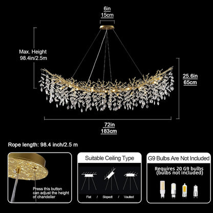 Modern Crystal Gold Chandelier,72" Large Rectangular Chandeliers for Dining Room, Tree Branch Crystal Lving Room Chandelier,Dining Room Over Table Chandeliers,Fixture Height-Adjustable