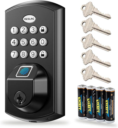 DESLOC A100F Keypad Fingerprint Door Lock, Keyless Entry Door Lock, Smart Lock Deadbolt for Front Door, Easy Installation, Emergency Power Port,12 Months Battery, IP54 Waterproof, 5 Keys
