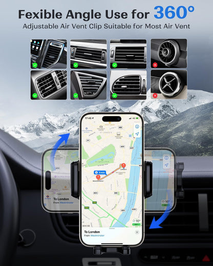 KPON Wireless Charger for Car, Car Phone Holder Charger Mount Qi Certified Auto Clamping 15W Fast Charging for Dashboard Air Vent Windshield Mount for Samsung Galaxy/iPhone 16 15 14 13 12 /Google/LG