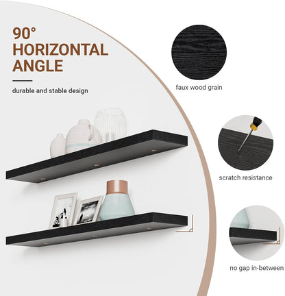 Heimlove Floating Shelves for Wall 48 Inches Long,9.3" Deep Black Floating Shelf Set of 2,Wall Mounted Wood Shelves for Bathroom Bedroom Living Room Kitchen Office,Shelf for Books Storage Room Decor