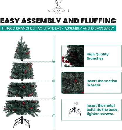 Naomi Home Belen 9ft Pencil Christmas Tree Prelit pre-Decorated with Pine Cones, Red Berries, 1457 Branch Tips, 500 Warm Lights and Metal Stand, 37" Wide Skinny Christmas Tree with Lights