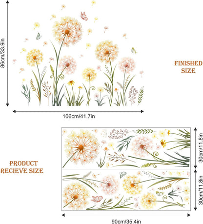Dandelion Flower Butterfly Wall Decals Gold Dandelion Plants Floral Wall Stickers Peel and Stick Vinyl Wall Art Decor for Living Room Bedroom Office TV Sofa Backdrop Home Decor Gifts for Mom