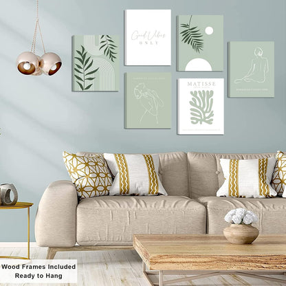 KIOSSUT FRAMED Sage Green Matisse Wall Art, Aesthetic Pictures for Wall, Women Body Line Art Leaf Boho Art Prints, 8x10 Inch, Framed)