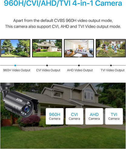 ZOSI 1080P CCTV Camera Outdoor Indoor Hybrid 4 in 1 HD TVI/CVI/AHD/CVBS Home Security Cameras System,Night Vision,Waterproof Metal Housing Bullet Cam For 960H,720P,1080P,5MP,4K analog Surveillance DVR