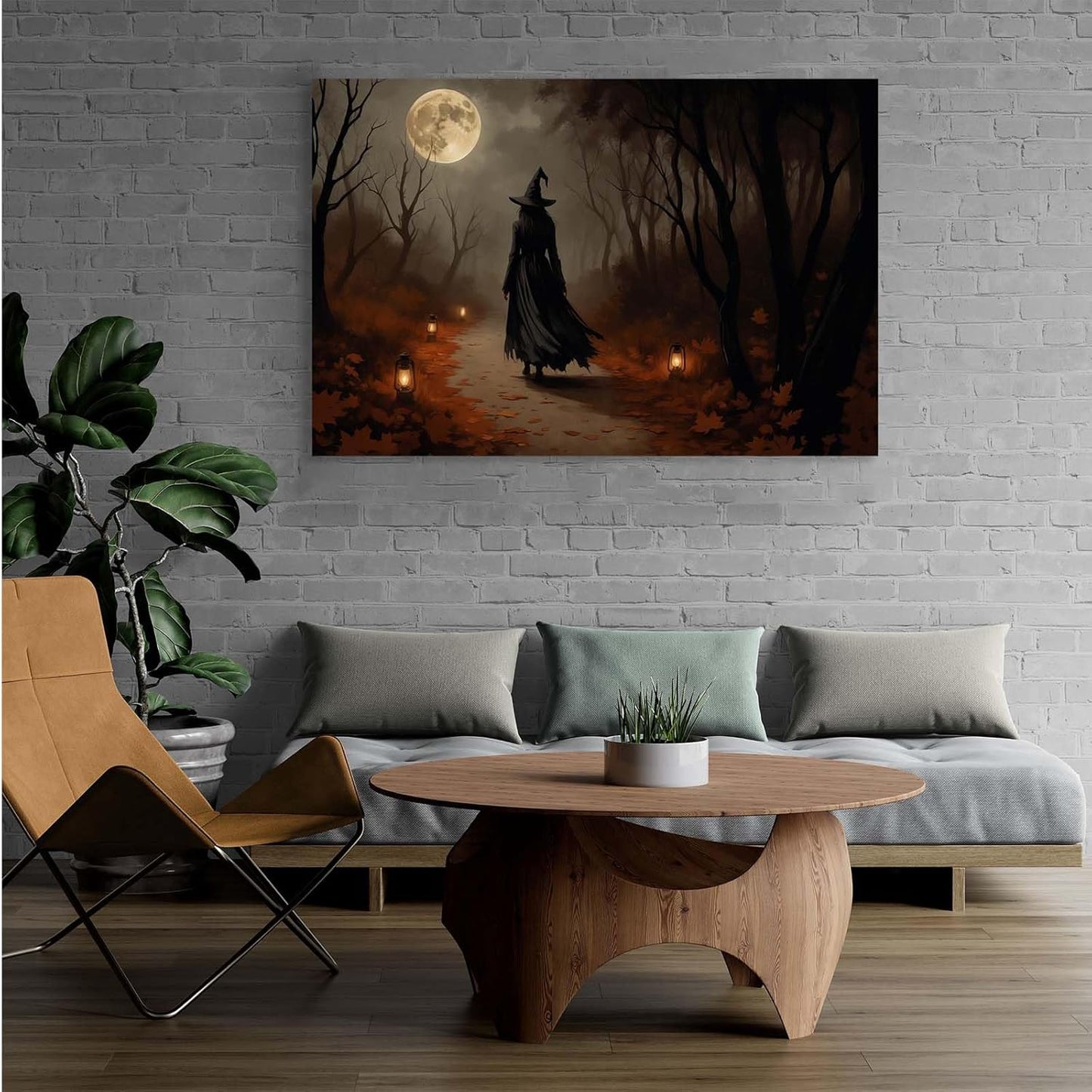 Moonlight witch poster dim lantern Halloween decoration Gothic style dark retro college style canvas wall art suitable for living room bedroom24x36in Wood Framed