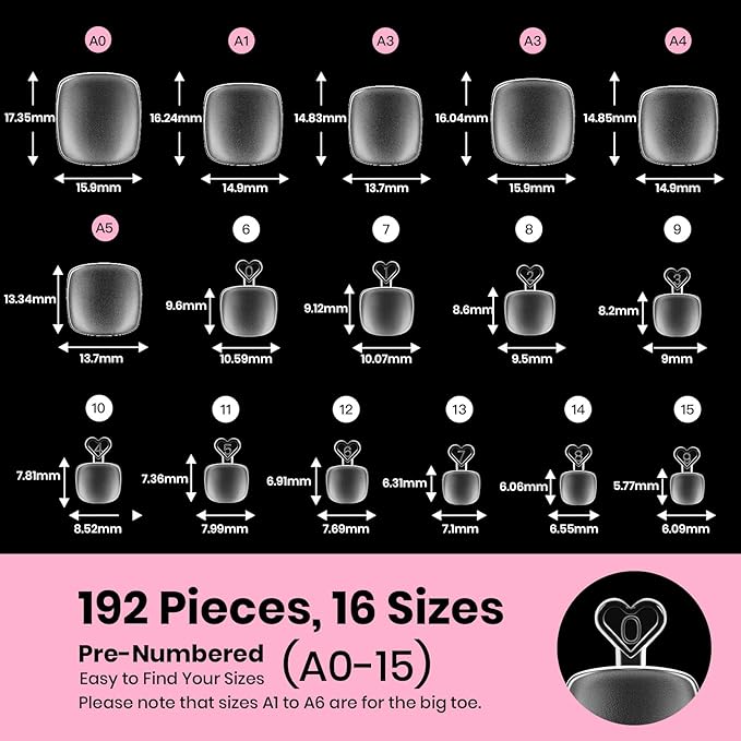 Beetles Toe Nail Tips Square - 16 Sizes 192 Pcs Full Cover Nail Tips Fake Acrylic Toe Nail Pre-etched Double Matte Press on Toenails, Soft Gel Toe Nail Extensions for Women