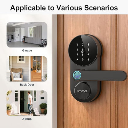 SMONET Smart Lock WiFi Door Lock with Handle: Keyless Entry Fingerprint Deadbolt Lever for Front Door Anti-peep Keypad Works with Alexa,APP Remote Control,Easy to Install,Black