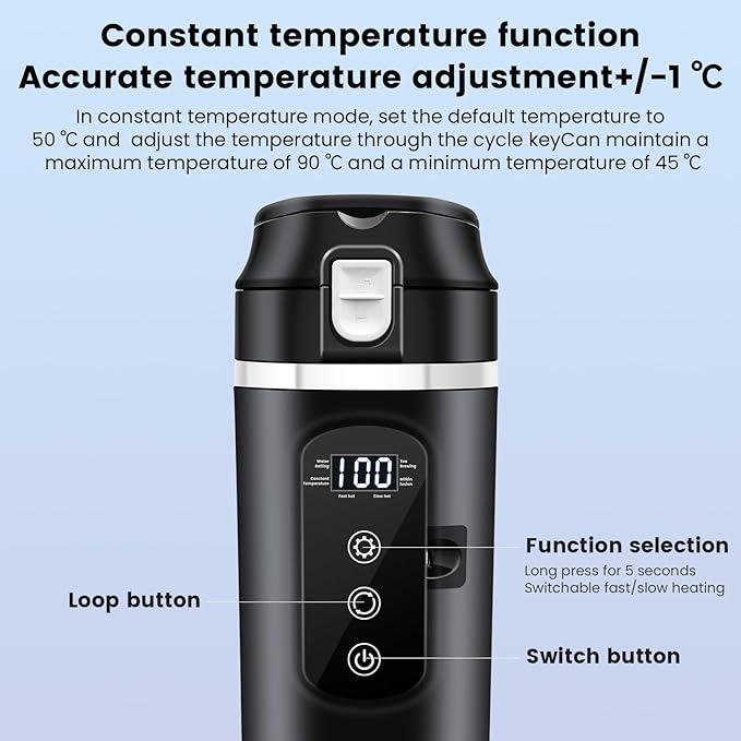 DC 12V/24V Car Travel Electric Kettle, 400ml Car Heating Mug with Anti-Spill Lid, Leak-proof, 304 Stainless Steel Liner Portable Coffee Tea Cup Up to 100℃ Variable Temp Control Bottle