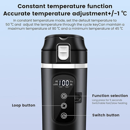 DC 12V/24V Car Travel Electric Kettle, 400ml Car Heating Mug with Anti-Spill Lid, Leak-proof, 304 Stainless Steel Liner Portable Coffee Tea Cup Up to 100℃ Variable Temp Control Bottle