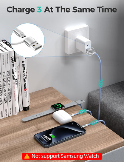 Blue-Upgraded 3 in 2 USB C Cable for Watch Charger Phone Charger USB C Multi Fast Charging Cable Compatible with Watch Ultra/SE/10/9/8/7/6/5/4/3/2/1 & Phone 16/15/14/Galaxy S23-4FT