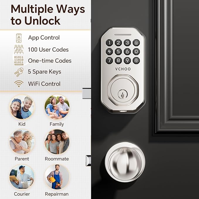 Keyless Entry Door Lock Set WiFi Smart App Control Door Lock for Front Door Keypad Deadbolt with 2 Knobs Auto Lock One Time Codes Easy Install, Satin Nickel