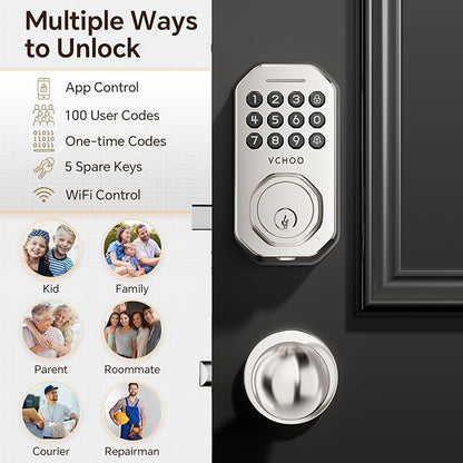 Keyless Entry Door Lock Set WiFi Smart App Control Door Lock for Front Door Keypad Deadbolt with 2 Knobs Auto Lock One Time Codes Easy Install, Satin Nickel