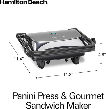 Hamilton Beach Panini Press Sandwich Maker & Electric Indoor Grill with Locking Lid, Opens Wide to Fit Any Thickness for Quesadillas, Burgers & More, Nonstick 8" x 10" Grids, Chrome (25460MNA)