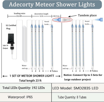 Christmas Lights Outdoor Tree Cascading Icicle Lights 12 inch 8 Tubes Shooting Star Waterfall Meteor Shower Falling Rain Light for Holiday Decorations Wedding Party New Year (Multi Color)