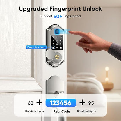 Fingerprint Smart Front Door Lock Set, Keyless Entry Door Lock with Handle, Smart Locks for Front Door, Keypad Deadbolt with Handle, APP Control, Touchscreen Keypad, Auto Locking, Satin Nickel