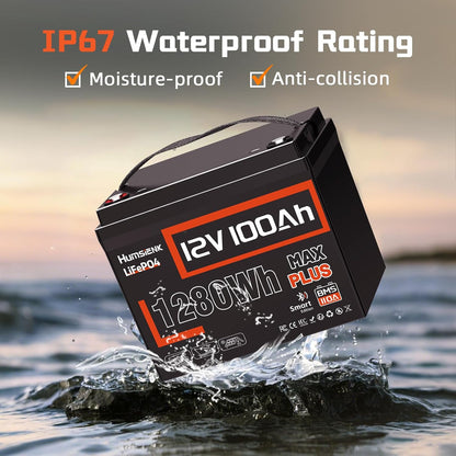 12V 100Ah LiFePO4 Lithium Battery MAX PLUS, Built-in 110A BMS & Bluetooth 5.0 APP, 15000+ Deep Cycles Lithium Batteries, Max. 1280Wh, 10-Year Lifespan for RV, Marine, Trolling Motors
