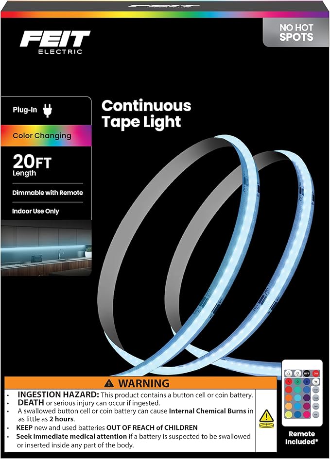 Feit Electric 20ft Color LED Tape Light, COB Technology, Customizable Length, Remote Control, Ultra-Thin 10mm Design, Perfect for Indoor Lighting, Shelves, Cabinets & Staircases, TAPE240/COB/RGB