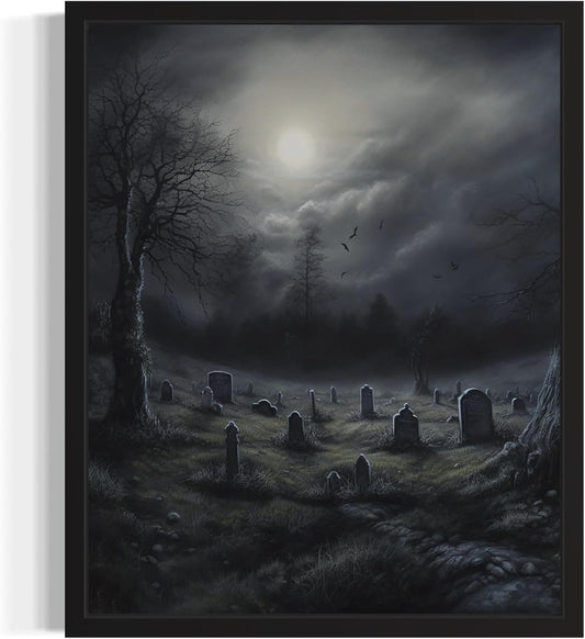 Gothic Graveyard Poster Art Print, Halloween Scary Vintage Wall Art Academia Spooky Painting Decoration for Horror Prints, Posters Bedroom Decor 89 (Gothic Graveyard, 11 x 14 inches, Black Frame)