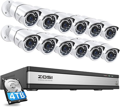 ZOSI 4K 16CH PoE Home Security Cameras System with 4TB Hard Drive,8MP 16 Channel CCTV NVR,12pcs 5MP Outdoor PoE Cameras,120ft Night Vision,Person Vehicle Detection,Remote Access,for 24/7 Recording