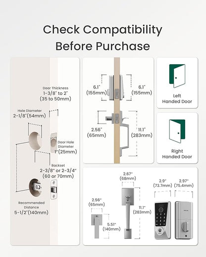 DESLOC D110 Plus Built-in Wi-Fi Smart Lock with Handle Set, Keyless Unlock in 0.5s with Fingerprint, Touchscreen Deadbolt with Visible Display, App Remote Control, BHMA Grade 3, IP54, Auto Lock