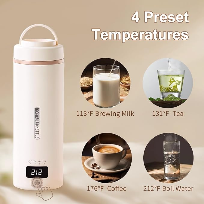 Travel Kettle Mini Portable Electric Kettle with 4 Temperature Settings, Plug in 304 Stainless Steel Mini Travel Electric Kettle with Auto Shut-off (Beige)