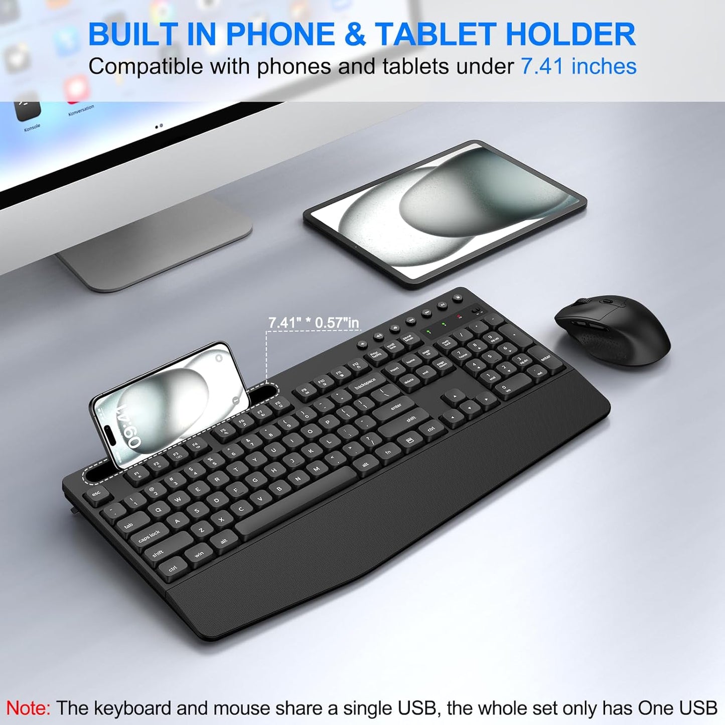 EDJO Wireless Keyboard and Mouse Combo, Full-Size Ergonomic Wireless Computer Keyboard with Wrist Rest, Phone Holder, Sleep Mode, Comfortable Natural Typing Set for Windows, Laptop, Mac, PC