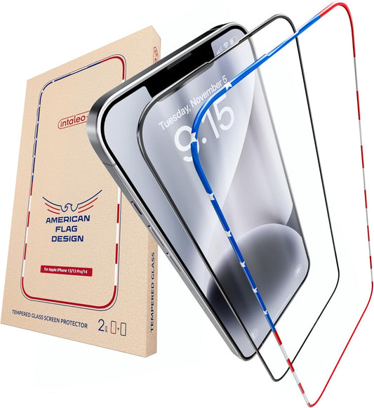 Screen Protector for iPhone 16e/14/13Pro/13-2 Pack (USA Flag Design and Black) - 9H Hardness, Oleophobic Coating, Easy Installation - Tempered Glass Screen Protector for iPhone 14