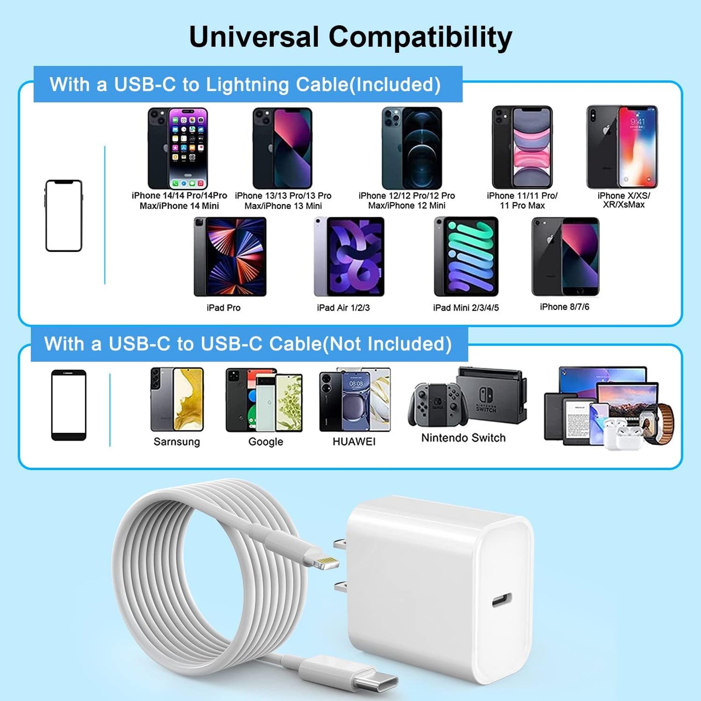 Fast iPhone Charger, Quick 10Foot USBC Wall Charger Phone Charge 2Pack 20W PD USB C Fast Charger Block + 10FT Lightning Fast Charging Cable for iPhone 14/Pro/Pro Max/Plus/13/12/11/XS/XR/X/SE2022/iPad
