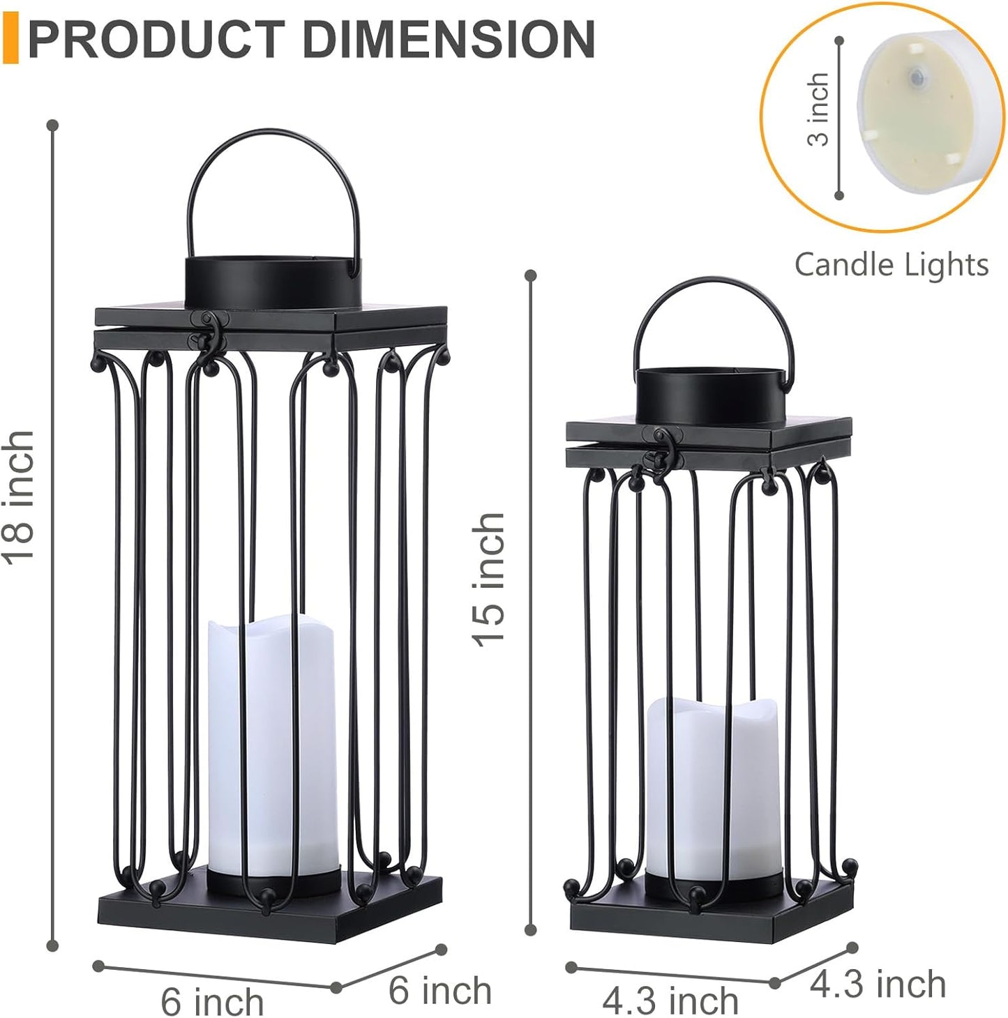 Solar Lantern Decorative Outdoor Set of 2 (18’’ & 15’’) Modern Black Metal Lanterns with Solar Candles, Decorative Candle Lanterns for Outdoor Porch, Patio, Garden, Yard Decor