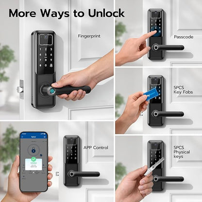 WiFi Video Smart Door Lock with Camera & Doorbell, Keyless Entry Fingerprint Lock with Handle for Front Door, Nyboer Keypad Electronic Digital with Rechargeable Lithium Battery, Easy Installation