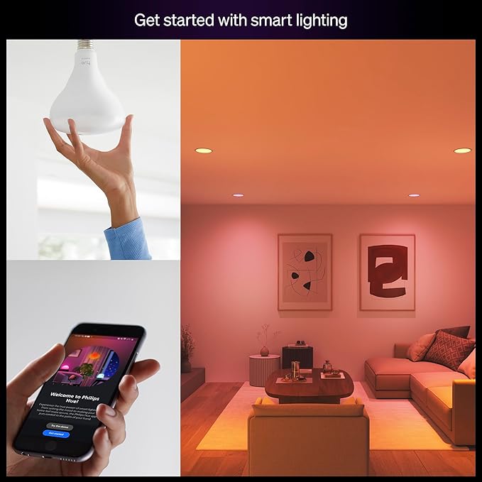 Philips Hue Essential Smart LED BR30 Bulb 1-Pack, White and Color Ambiance, E26, 7.2W, 2200K-6500K, 650 Lumens, Dimmable, Works with Alexa, Google Assistant, Apple Home