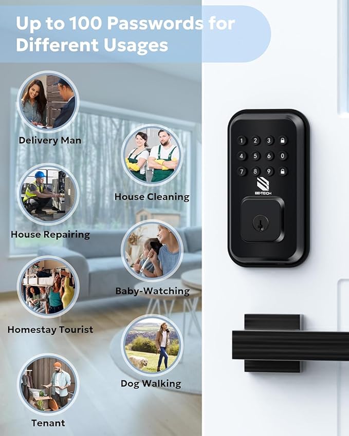 BE-TECH Keyless Entry Door Lock with Keypad - Smart Digital Deadbolt for Front Door with 2 Keys, Electronic Door Lock with Anti-Peeping Code, Auto-Locking, One-time Password for Customer, Black