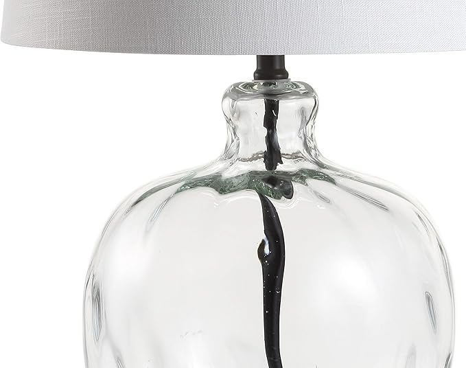 JONATHAN Y 26.5" Clear Glass and Black Metal LED Table Lamp, Transitional Farmhouse Bedside Nightstand Lamp with White Linen Shade, UL Listed, LED Bulb Included JYL1067A