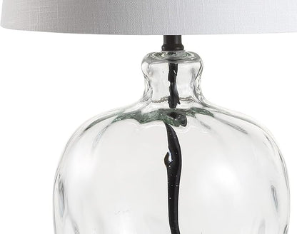 JONATHAN Y 26.5" Clear Glass and Black Metal LED Table Lamp, Transitional Farmhouse Bedside Nightstand Lamp with White Linen Shade, UL Listed, LED Bulb Included JYL1067A