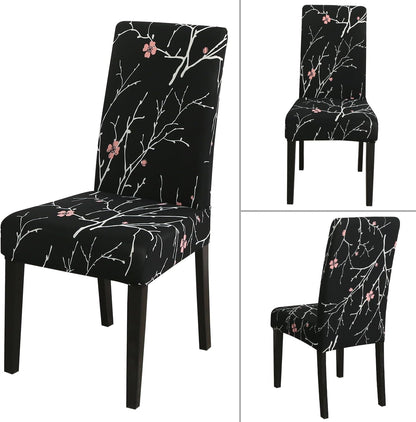JQinHome Pattern Chair Covers for Dining Room Set of 4, High Stretch Removable Washable Parsons Chair Slipcover for Home Party Hotel Wedding Ceremony (Flourish Black,4PCS)