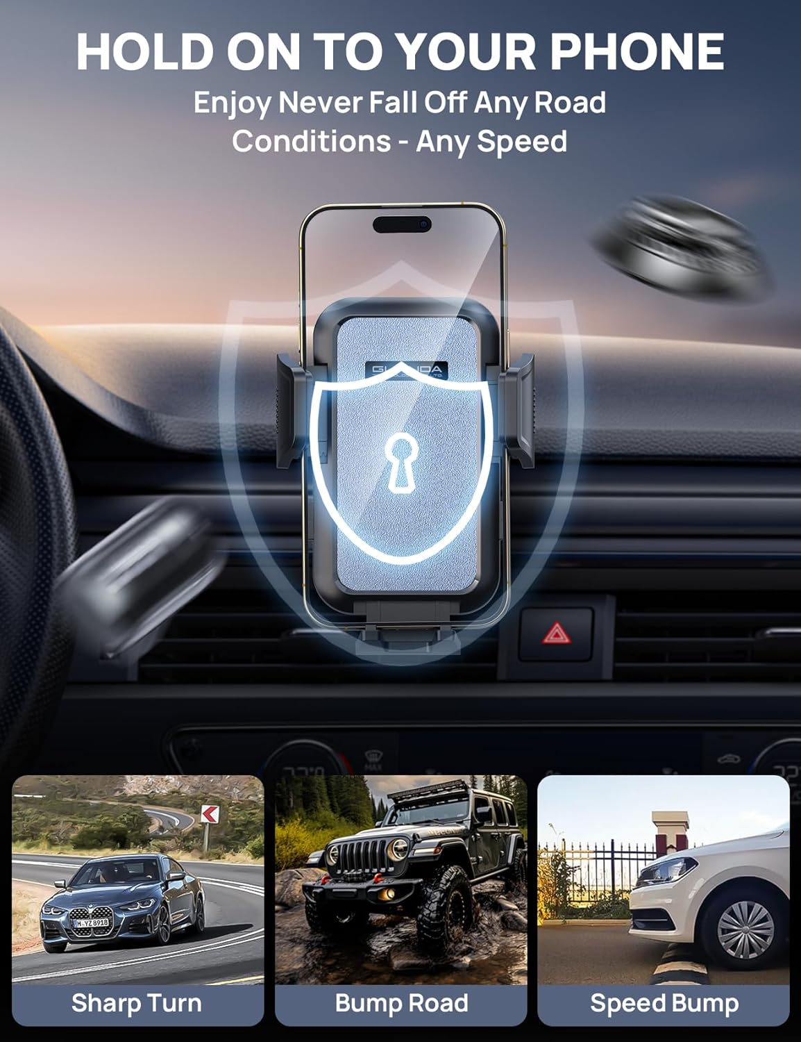 [2025 New] Dashboard Phone Holders for Your Car (+Air Vent Clip) [Military Grade Stable] , Car Cell Phone Holder, Rotatable Suction Cup Car Phone Mount for All Phone (Rock Blue)