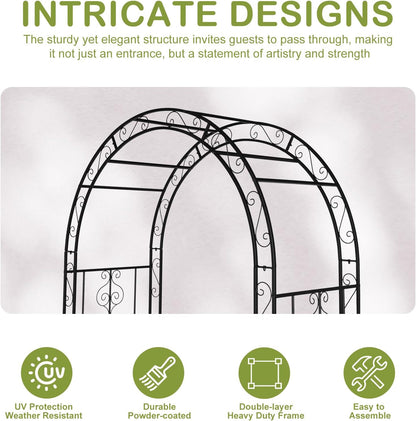 Outvita 7FT Garden Arch Arbor, Heavy Duty Metal Arbour Archway, Decorative Frame Stand Trellis with 7 Inch Ground Stakes for Wedding Ceremony Party Plant Climbing Rose Vines Lawn Courtyard Patio Black