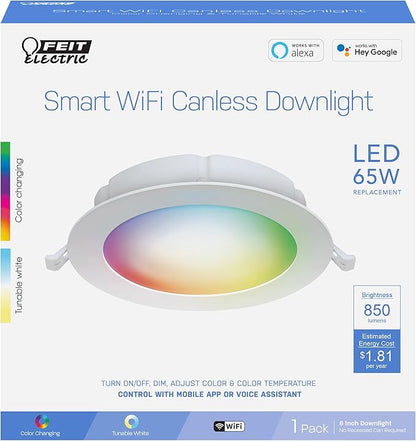 Feit Electric 6" Smart LED Canless Recessed Downlight, 65W EQ, Dimmable, Wifi Enabled, Compatible with Alexa and Google Home Asst, Color Changing, 90 CRI, 850 Lumens