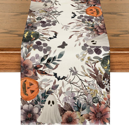 Artoid Mode Jack-O'-Lantern Pumpkin Floral Ghost Halloween Table Runner, Eucalyptus Kitchen Dining Table Decoration for Home Party Decor 13x60 Inch