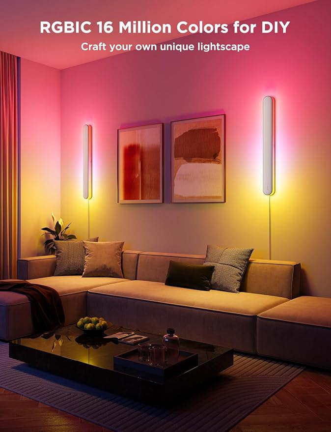 Govee Wall Sconce, Smart RGBIC Wall Lights, Works with Matter & Alexa, Music Sync, Wall Mount Light Plug in, Color Changing, Modern Room Light for Living Room Bedroom Gaming Room Hallway, 1 Pack