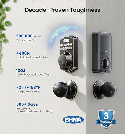 Veise Keyless Entry Door Lock with 2 Knobs, Electronic Backlit Keypad Deadbolt with Handle Set, Auto Lock, One-time Codes, Smart Deadbolt for Front Door, Easy Installation, Oil-Rubbed Bronze