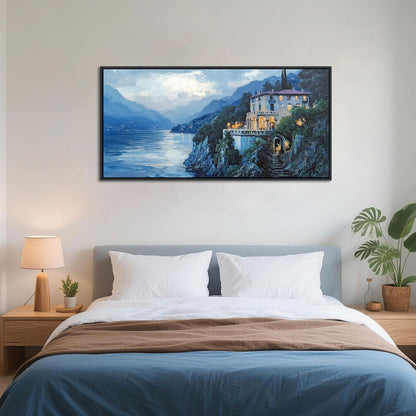 QZQCBLC Large Canvas Wall Art, Blue Mountains Lake Houses Green Trees Landscape Framed Oil Paintings Artwork for Living room Bedroom Home Kitchen Office Wall Pictures Decor 24x48 IN