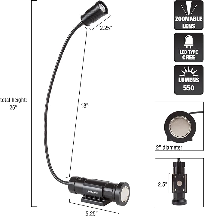 Stalwart CREE LED Work Light - 550 Lumen Magnetic Light Lamp with Flexible Gooseneck - Portable LED Lamp for Sewing, Crafting, or Workbench (Black)