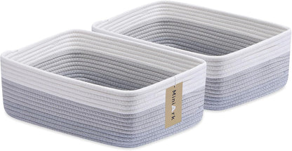 Large Shallow Organizing Baskets 15x11x5.1 Inches - Rope Woven Storage Bins for Bathroom, Shelves, Cube Closet, Gradient Grey 2 Packs