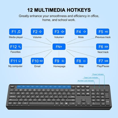 EDJO Wireless Keyboard, 2.4G Full-Sized Cordless USB Silent Computer Keyboard, Ergonomic Tilt Angle, Sleep Mode, Long Battery Life, for Windows, Mac OS Laptop/PC/Desktop/Notebook